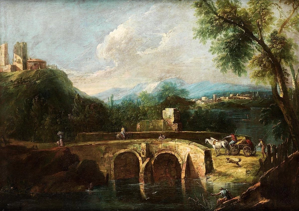 Paesaggio con ponticello e figure